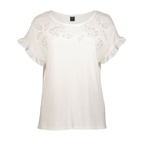 ROUND NECK EMBROIDERY TEE WITH FRILL DETAIL AT SLEEVE