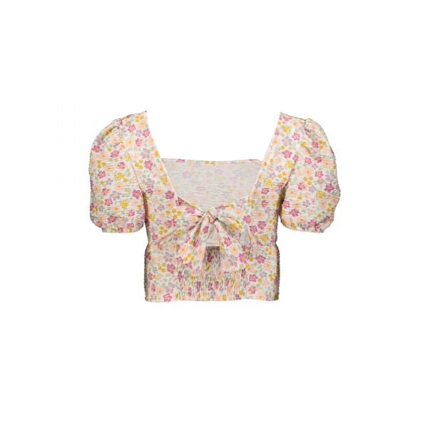 CREAM FLORAL SQUARE NECK TOP WITH SHIRRING DETAIL AT BACK