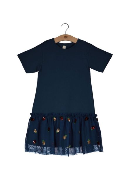 SSLV TEE DRESS WITH BTM LAID-ON MESH EMBROIDERY SKIRT