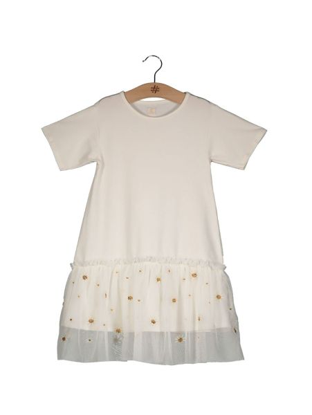 SSLV TEE DRESS WITH BTM LAID-ON MESH EMBROIDERY SKIRT