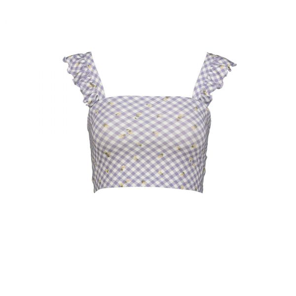 GINGHAM PRINT CROPPED TOP WITH FRILL SHOULDER