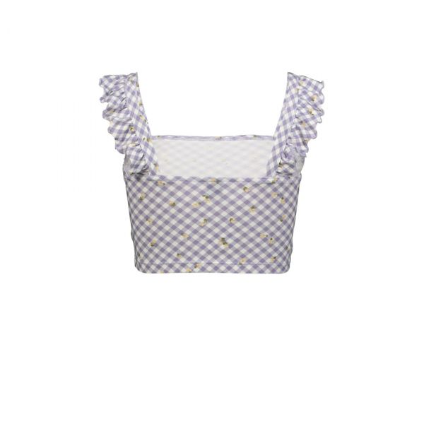 GINGHAM PRINT CROPPED TOP WITH FRILL SHOULDER