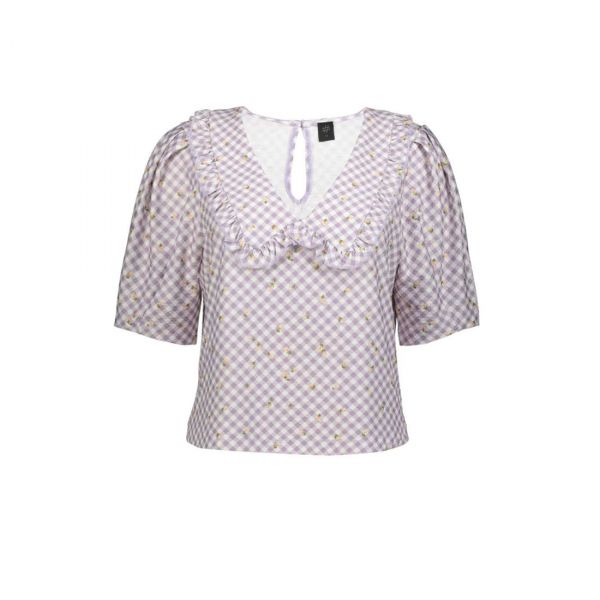 GINGHAM PUFF SLEEVE BLOUSE WITH OVERSIZED COLLAR