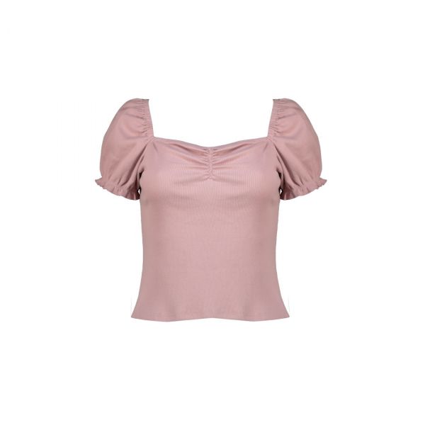 PUFF SLEEVE FRONT RUCH RIB TEE